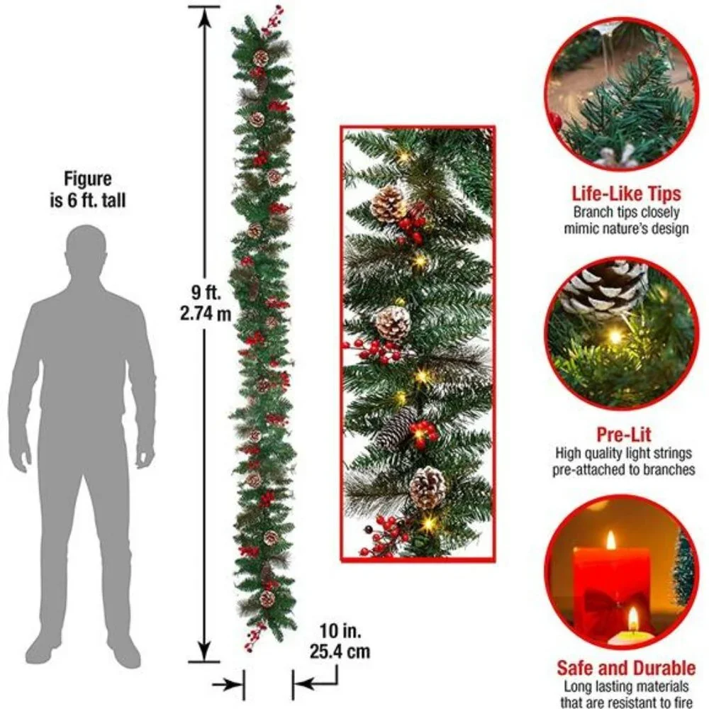 9-foot Christmas Garland with Lights, Battery Powered 8 Lighting Modes, 50 LED